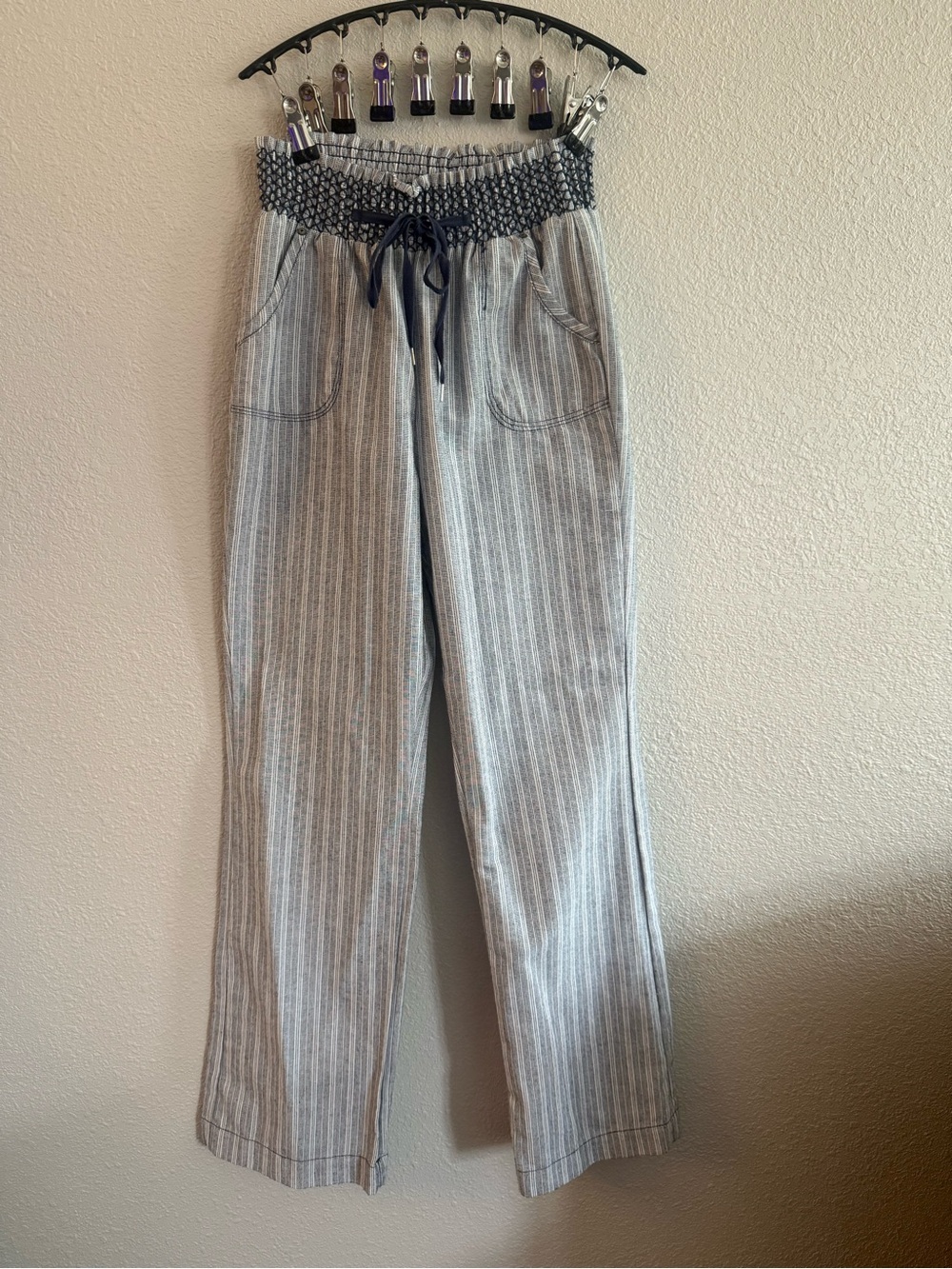 Striped Smocked-Waist Wide-Leg Pants in Gray and Blue